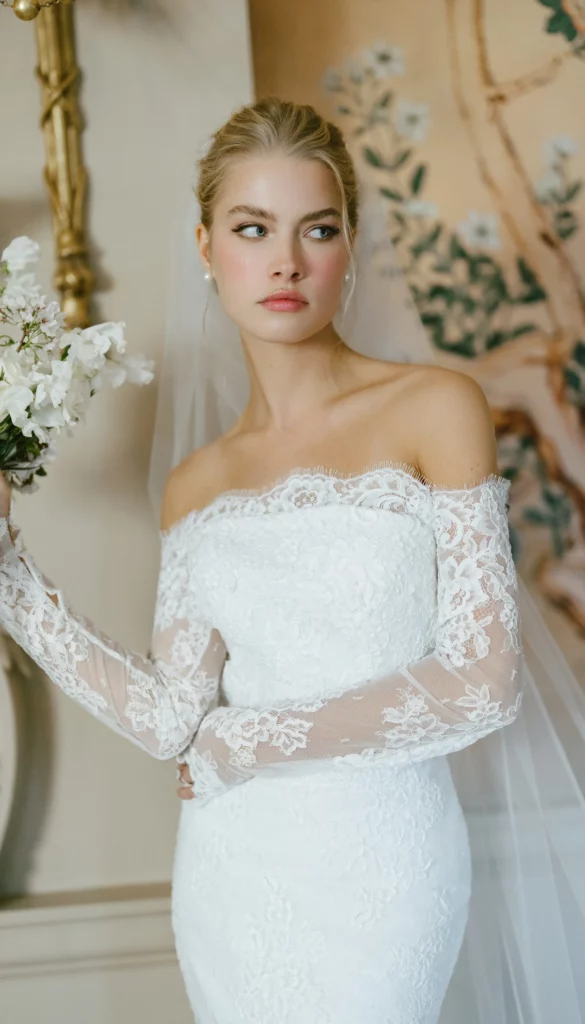 Bride in an elegant off-shoulder lace wedding gown, holding a bouquet of white flowers, set against a softly decorated backdrop.