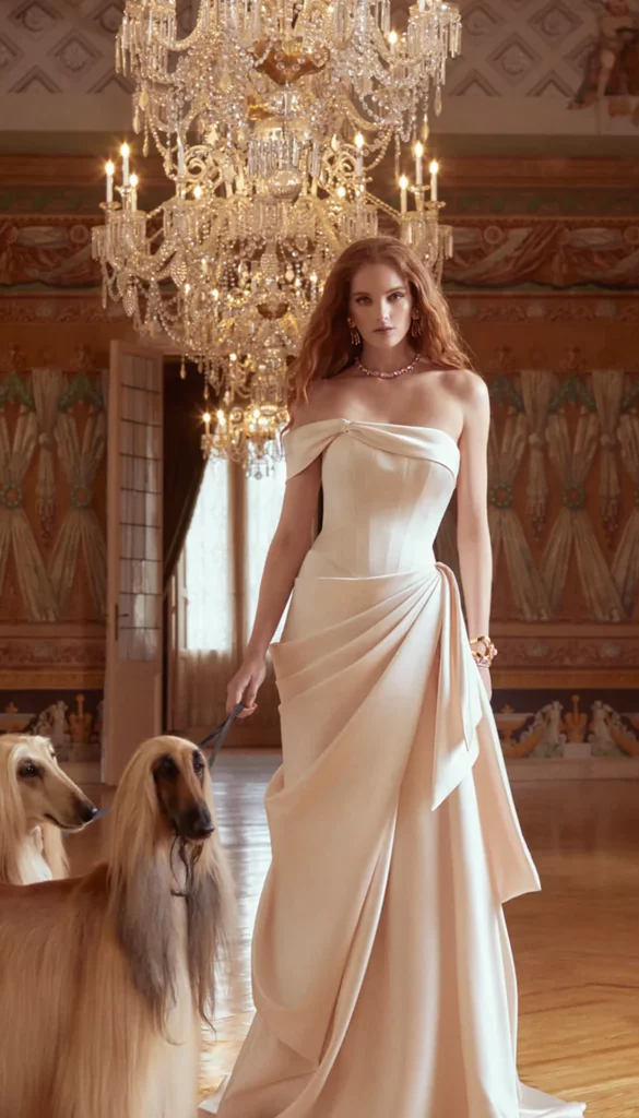 A woman in an elegant cream gown stands confidently with two Afghans in a lavishly decorated room featuring a grand chandelier.